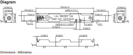 2 x AA Long Battery Holder, Wired