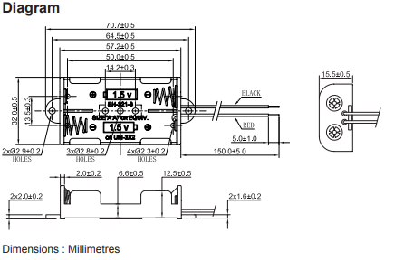 2 x AA Battery Holder, Wired