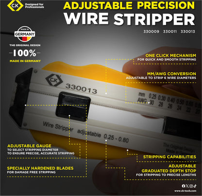 Precision adjustable wire stripper, 0.25–0.8mm diameter wires