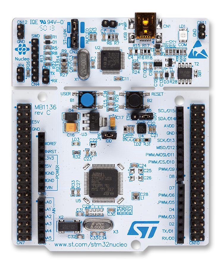 STM32 Nucleo development board with microcontroller and connectors on a white background