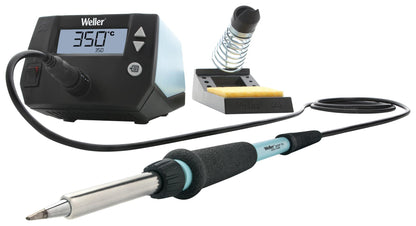 Soldering iron set with digital temperature display and accessories on a white background