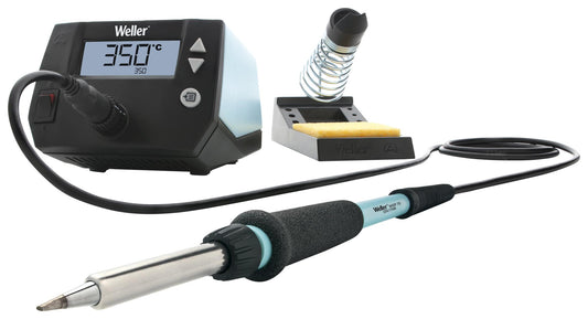 Soldering iron set with digital temperature display and accessories on a white background