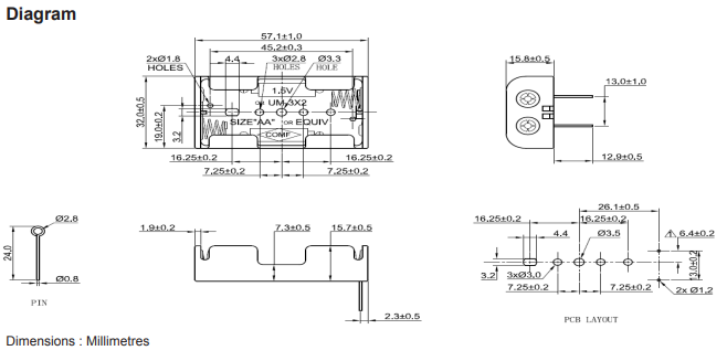 2 x AA Battery Holder, THT