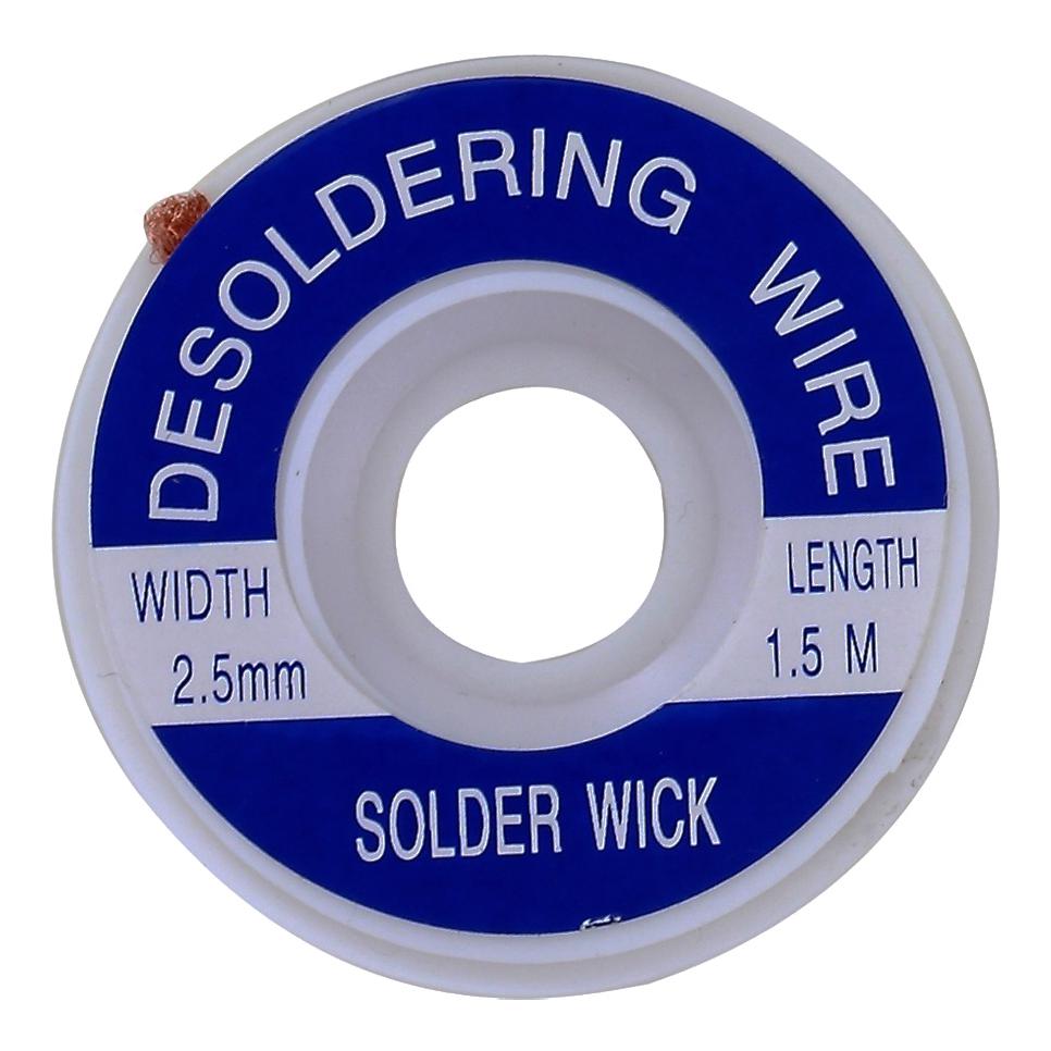 Spool of desoldering wire with blue and white label on a white background