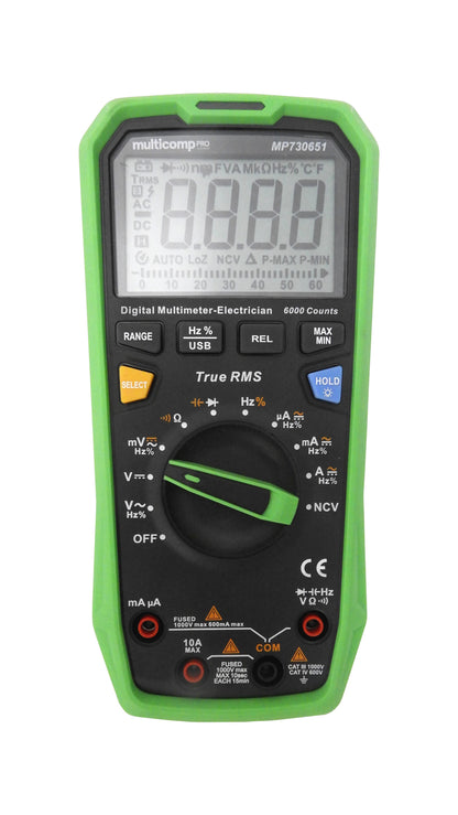 Green digital multimeter on a white background