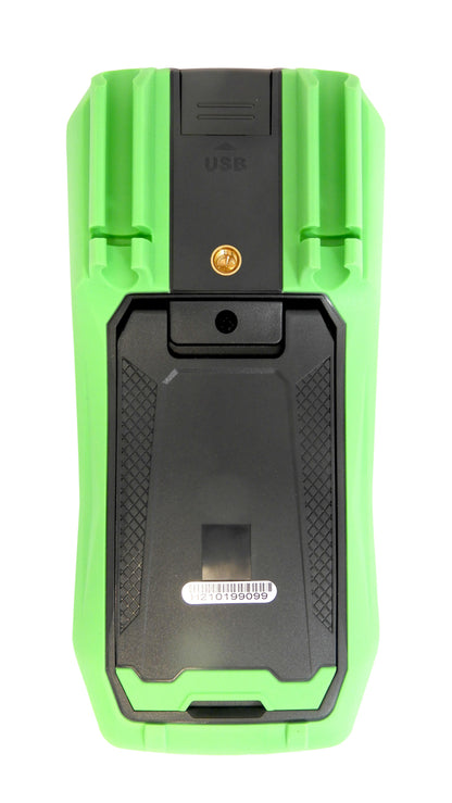Green and black rugged device on a white background