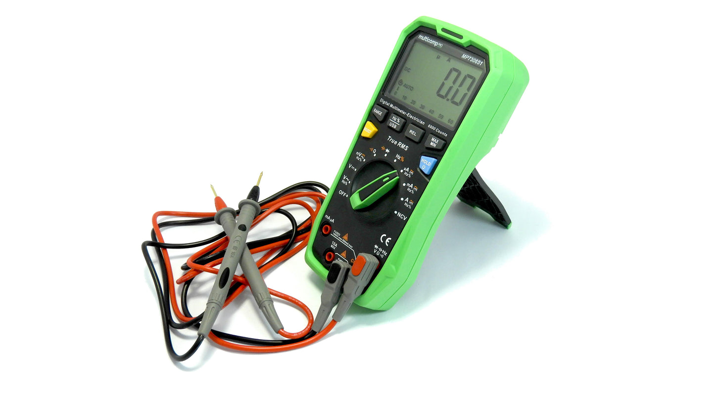 Green digital multimeter with probes on a white background
