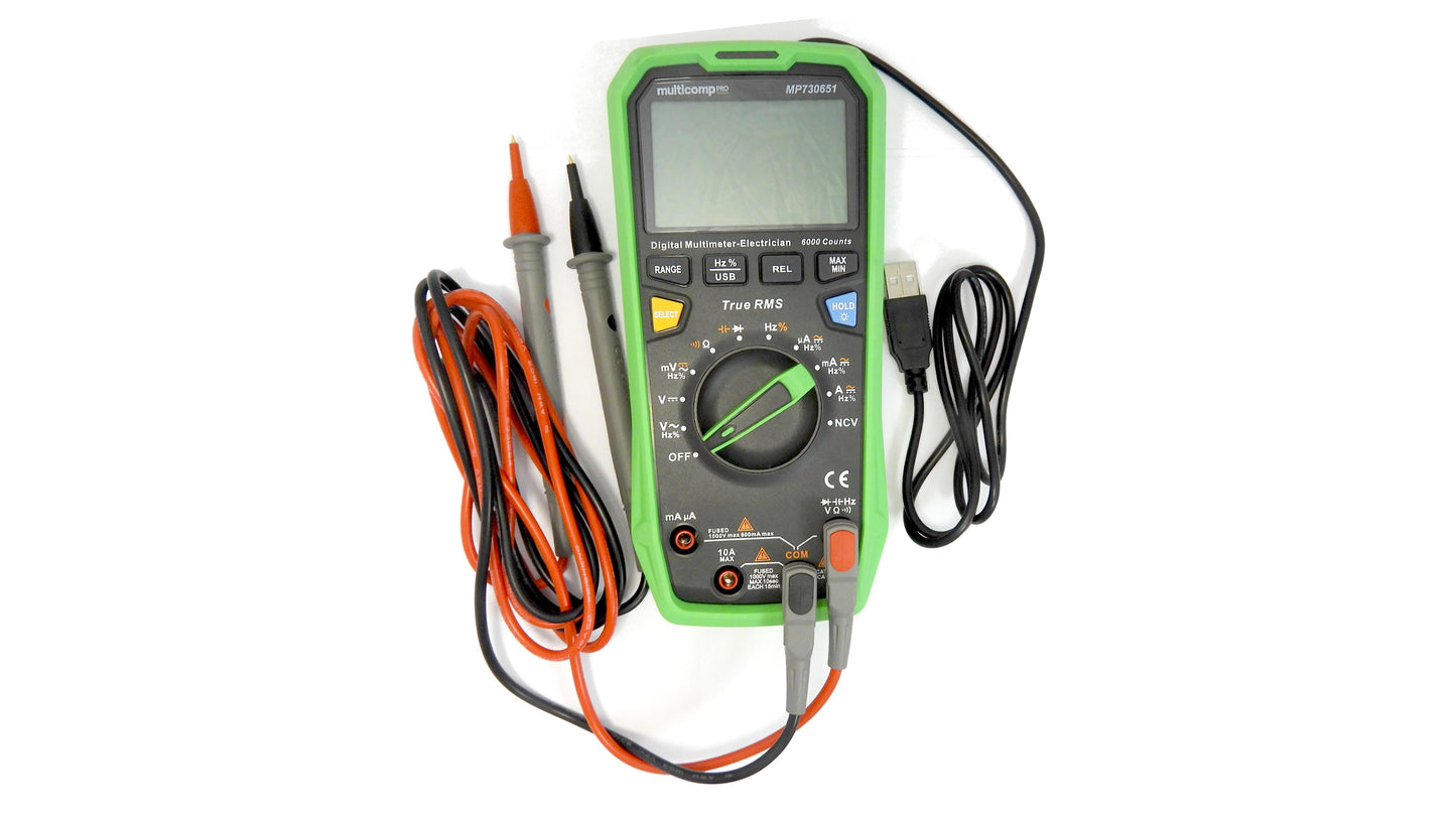 Digital multimeter with probes on a white background