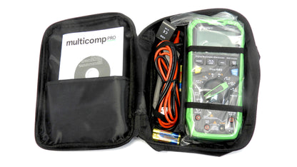 Multicomp Pro diagnostic tool kit with cables and accessories in a black carrying case.