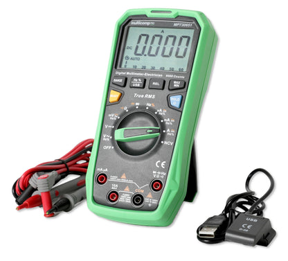 Green digital multimeter with cables on a white background