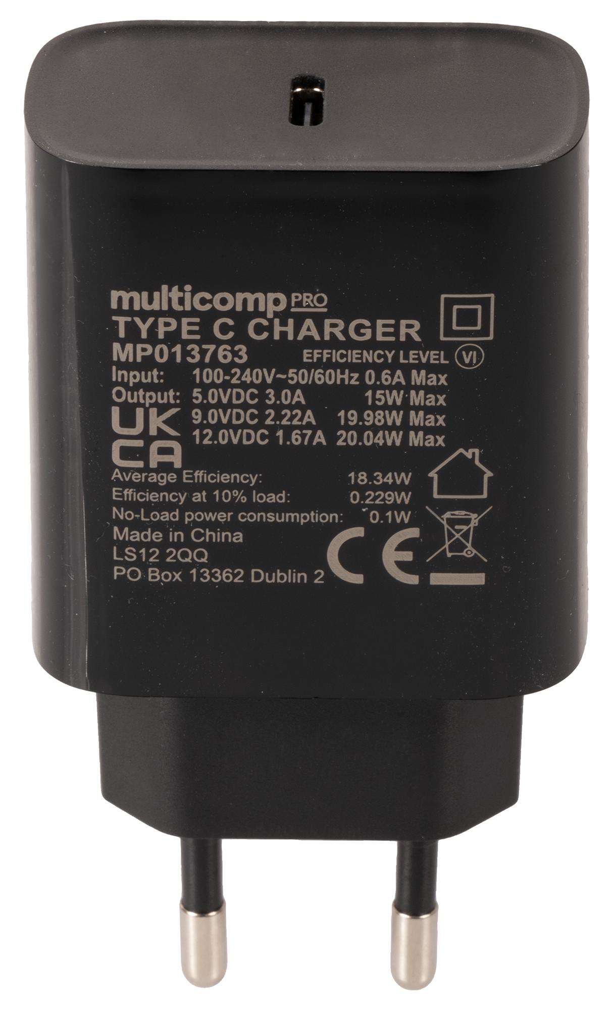 USB-C PD mains charger, 20W, supports 5V/3A, 9V/2.22A, 12V/1.67A outputs