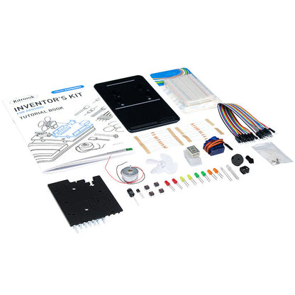 Kitronik Inventor's Kit with components and tutorial book on a white background