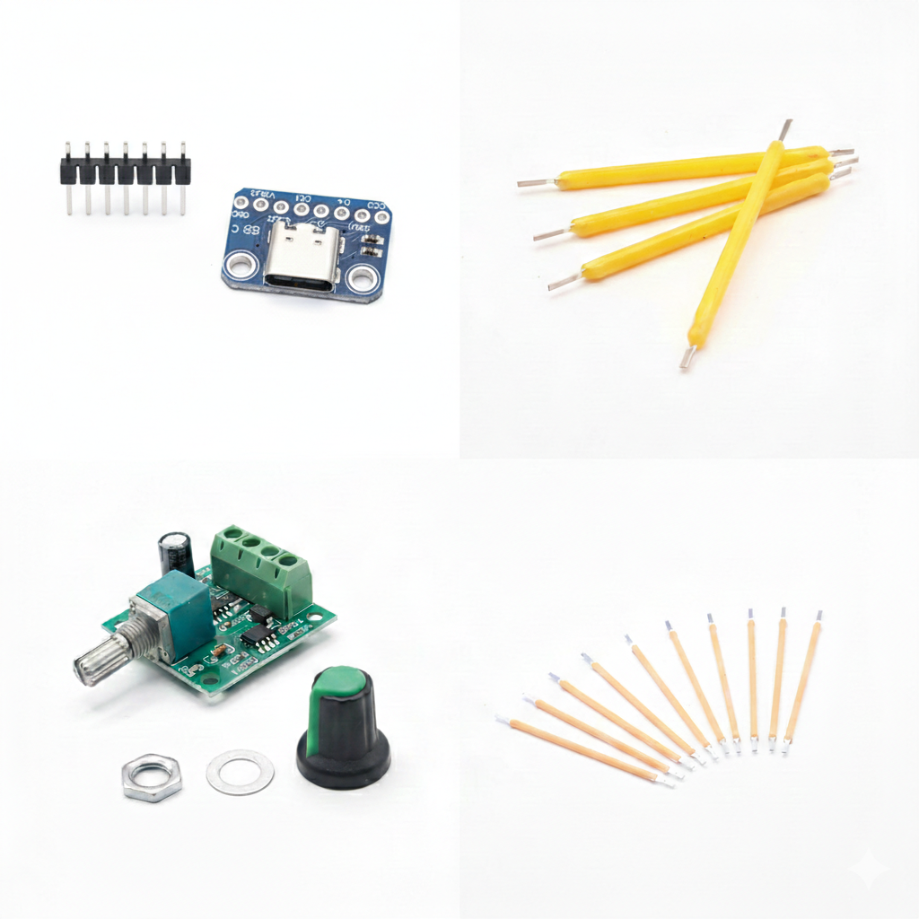 Electronic components including a blue module, green potentiometer, and yellow leads on a white background