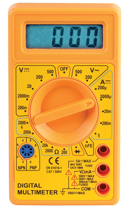 Yellow digital multimeter with a clear display on a white background