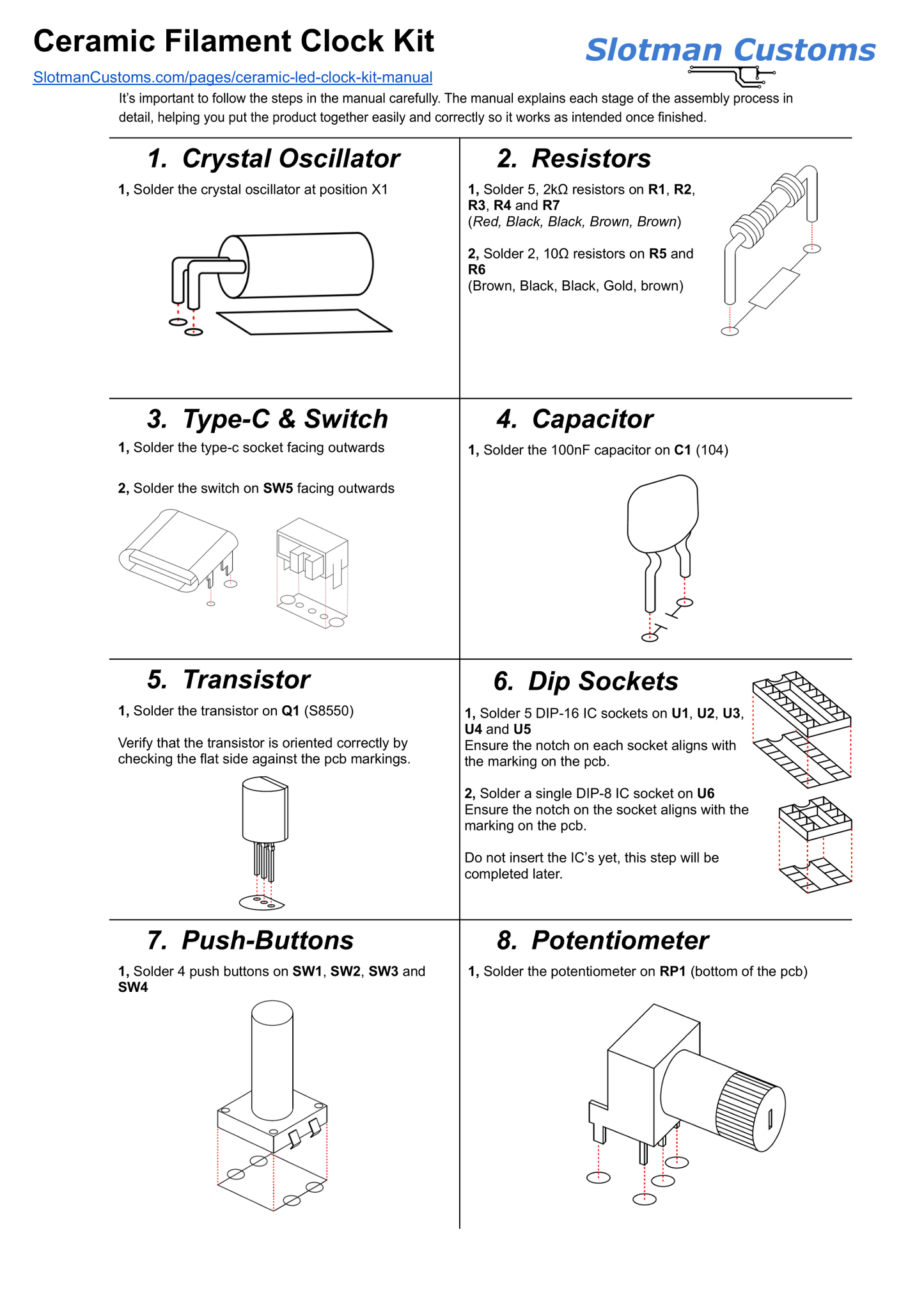 HE056 Ceramic Filament Clock Kit assembly manual with step-by-step illustrations and text.