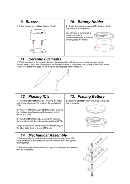 HE056 Ceramic Filament Clock Kit assembly manual with step-by-step illustrations and text.