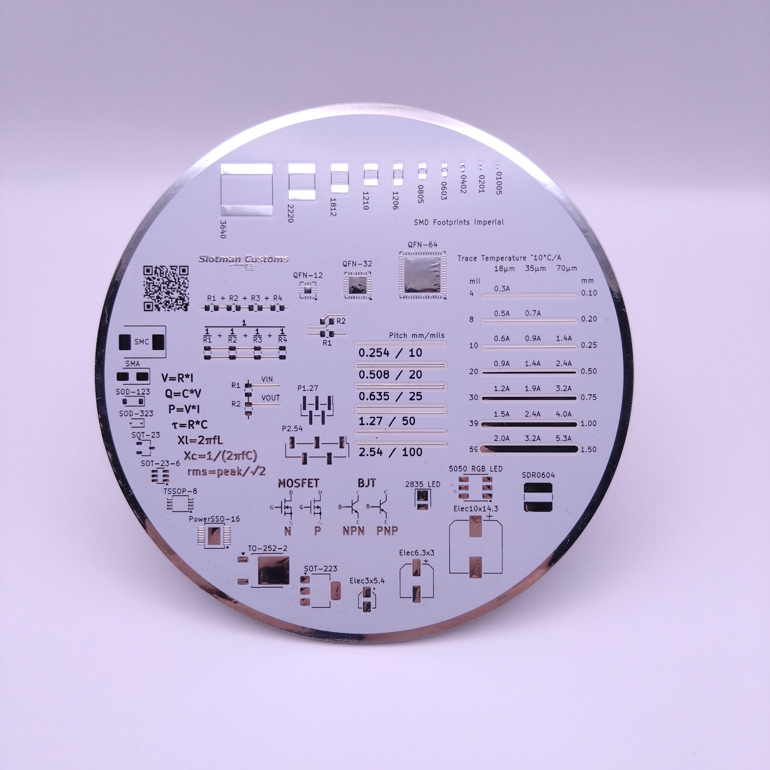 Circular printed circuit coaster board (PCB) with text and symbols on a white background