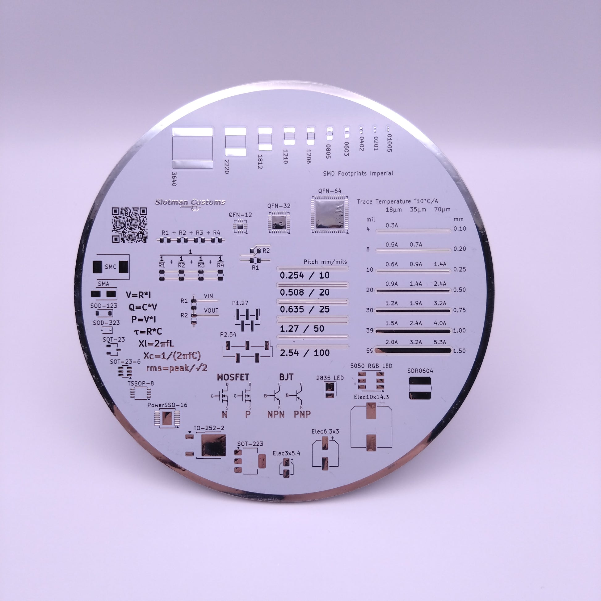 Circular printed circuit coaster board (PCB) with text and symbols on a white background