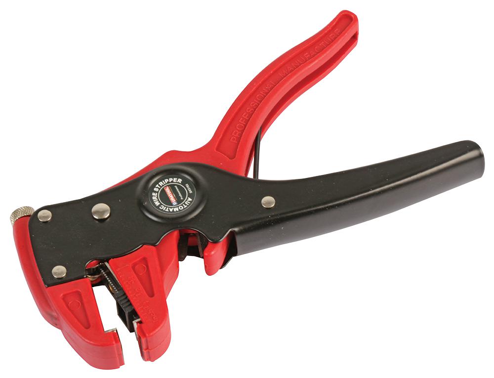 Red and black wire stripper on a white background