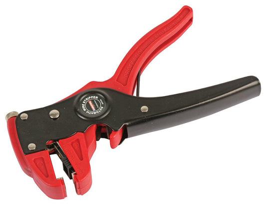 Red and black wire stripper on a white background
