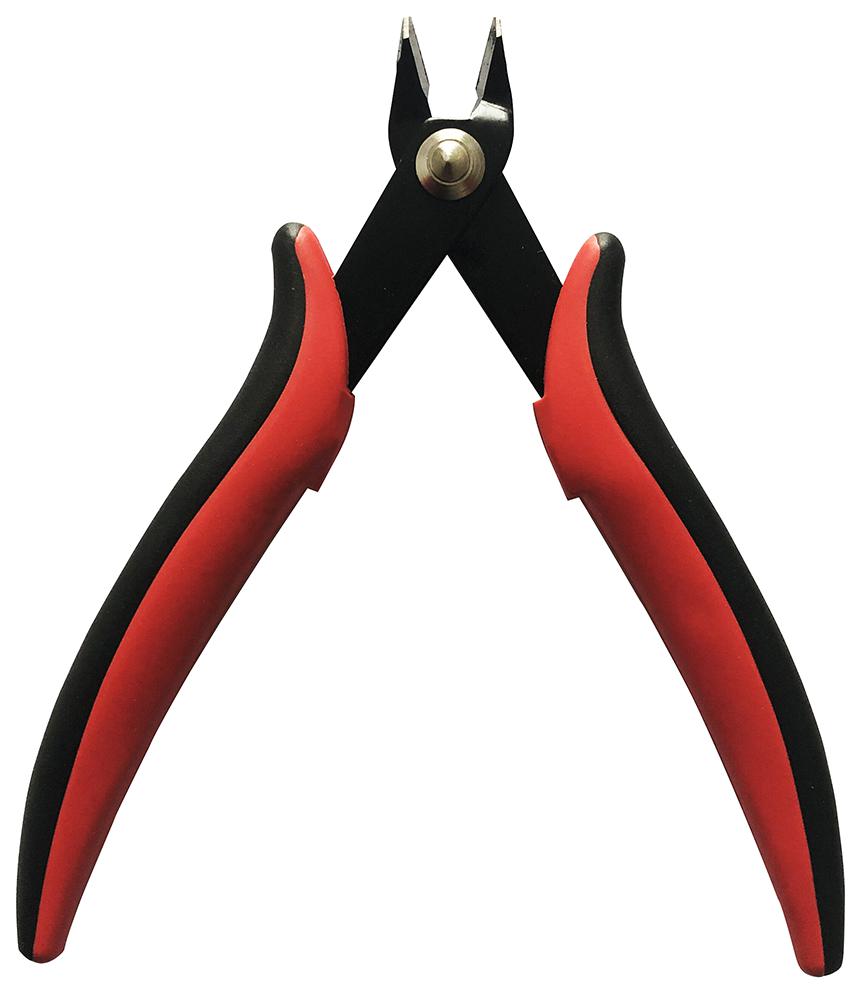 Pair of wire cutters with red and black handles on a white background