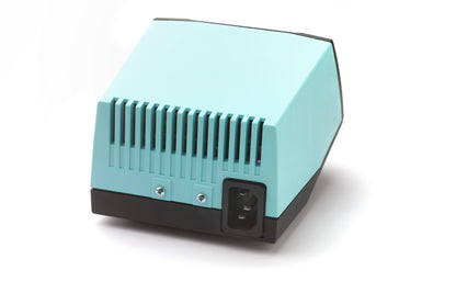 Teal electronic device with cooling fins on a white background